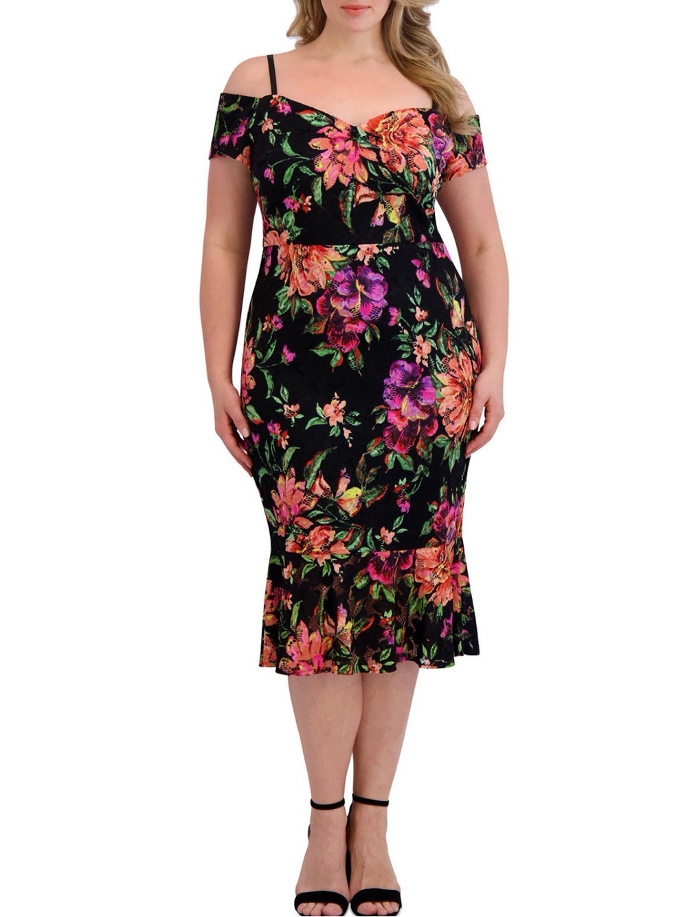 Siena Studio Black Off-Shoulder Floral Midi Dress